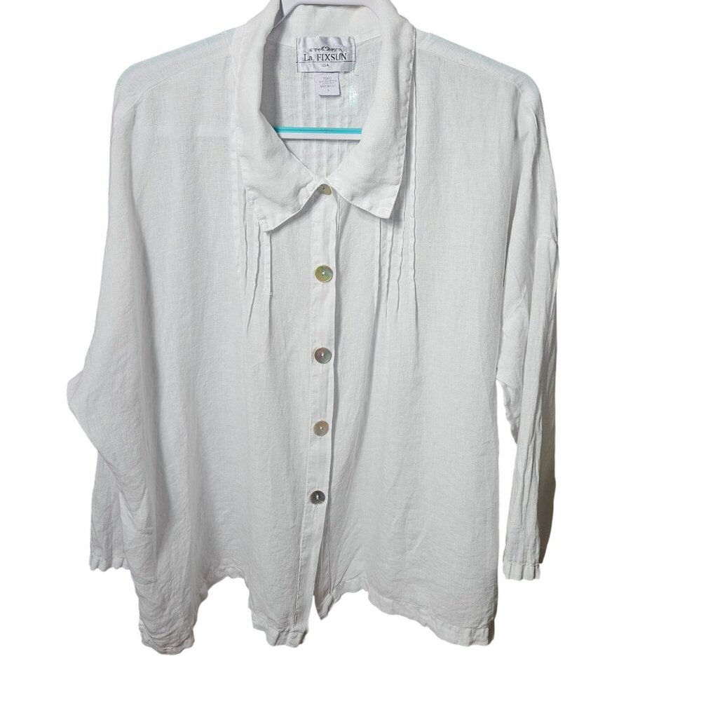 La. Fixsun Womens White Linen Button-Up Pleated Shirt L